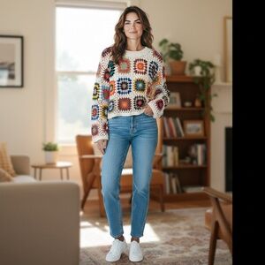 Debut Granny Square Crochet Sweater, NWOT, Med